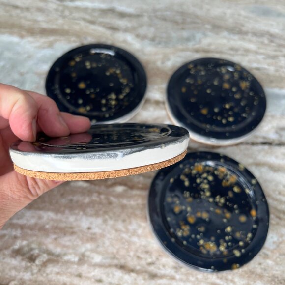 Stoneware Glazed Coasters Mottled Speckled Partridge Feather Spots Set of 4 - Picture 6 of 10